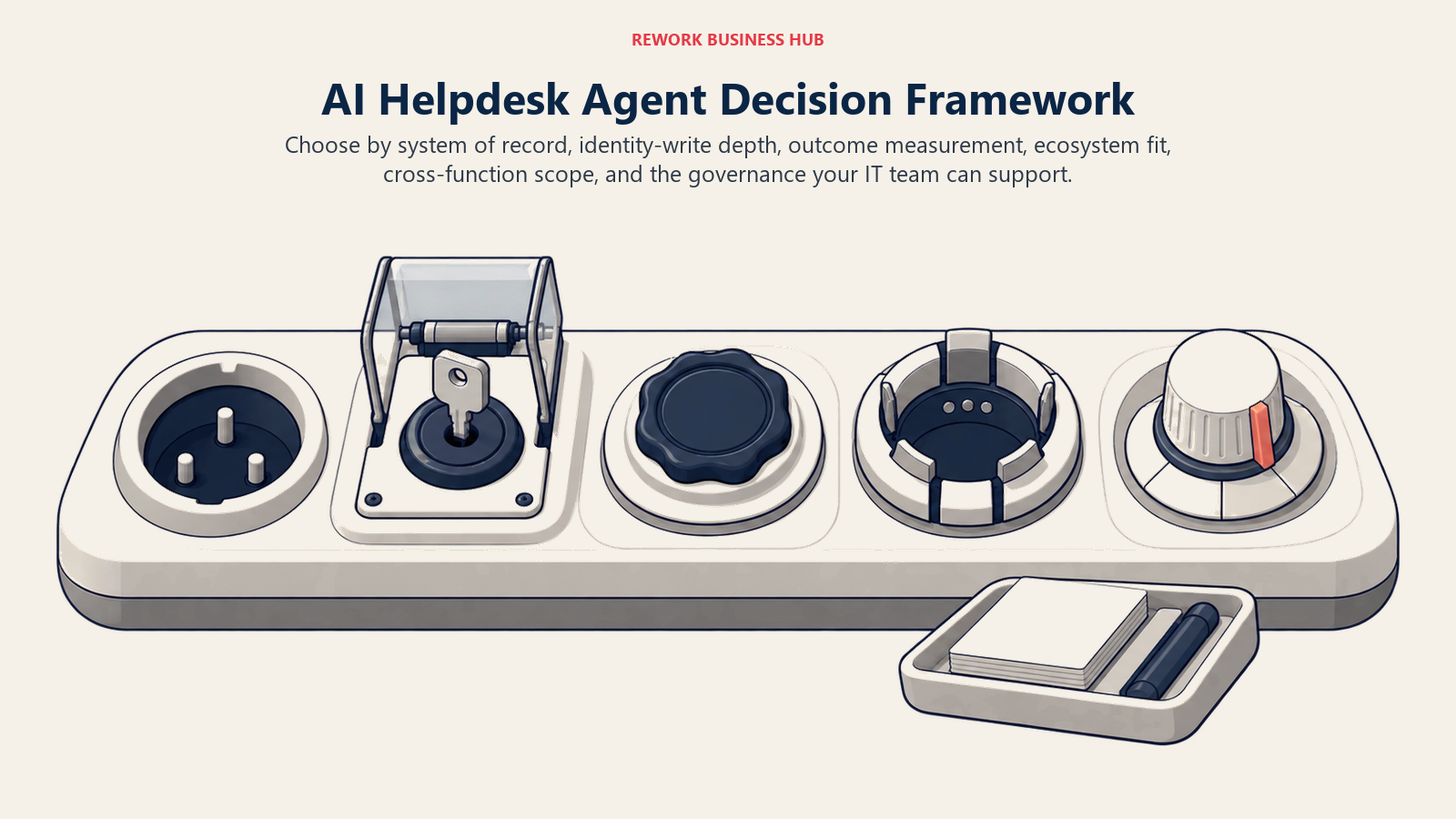 Helpdesk AI decision table matching CMDB grounding, identity actions, verified resolution pricing, ITSM ecosystem, cross-function coverage, and Slack-first simplicity