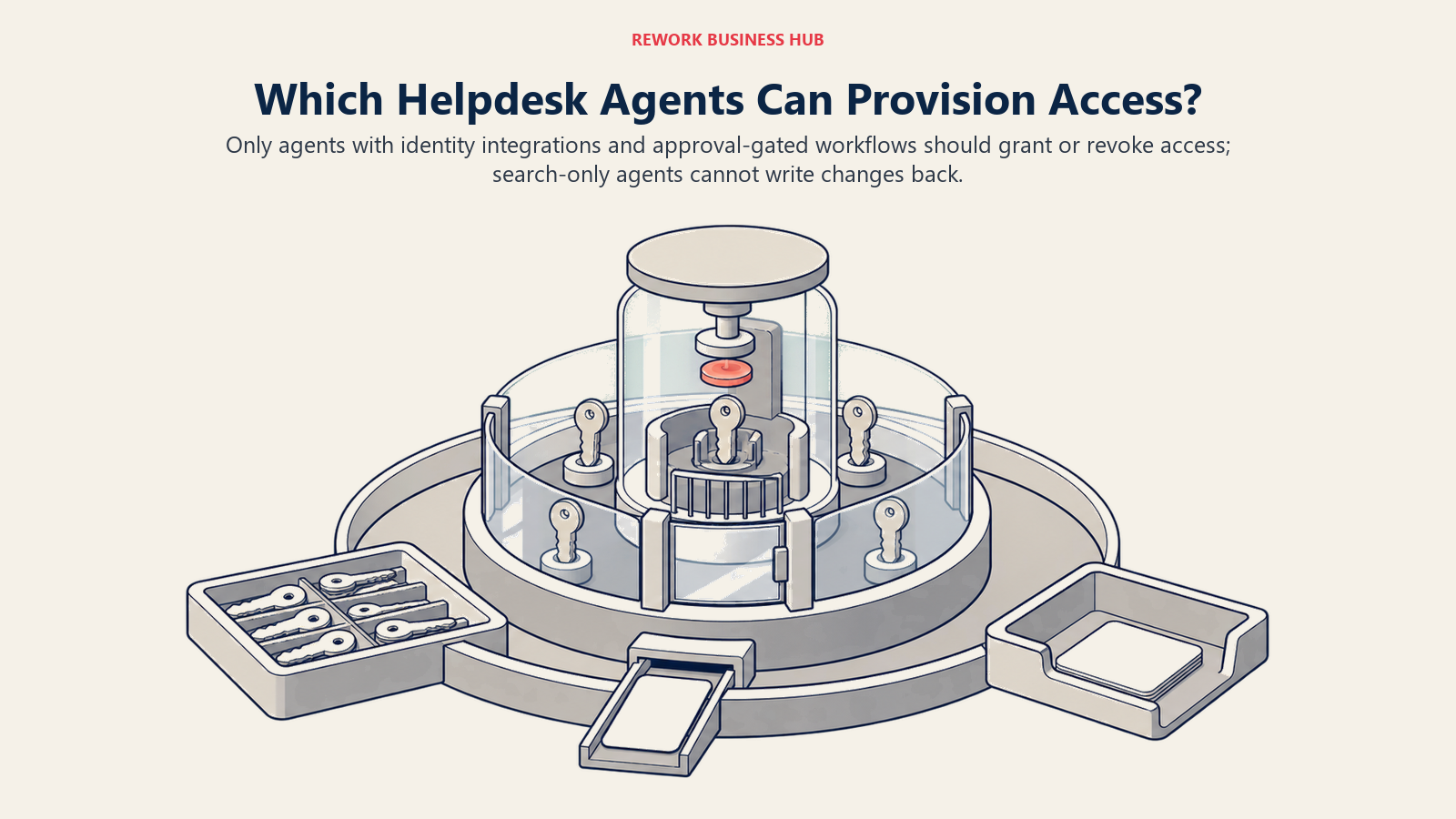 Helpdesk identity provisioning flow separating knowledge answers, approval-gated access writes, and permission-aware search that cannot change the identity provider