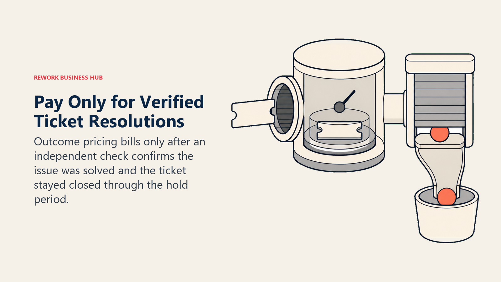 Outcome pricing meter releasing a billing token only after a ticket stays closed through a verification hold