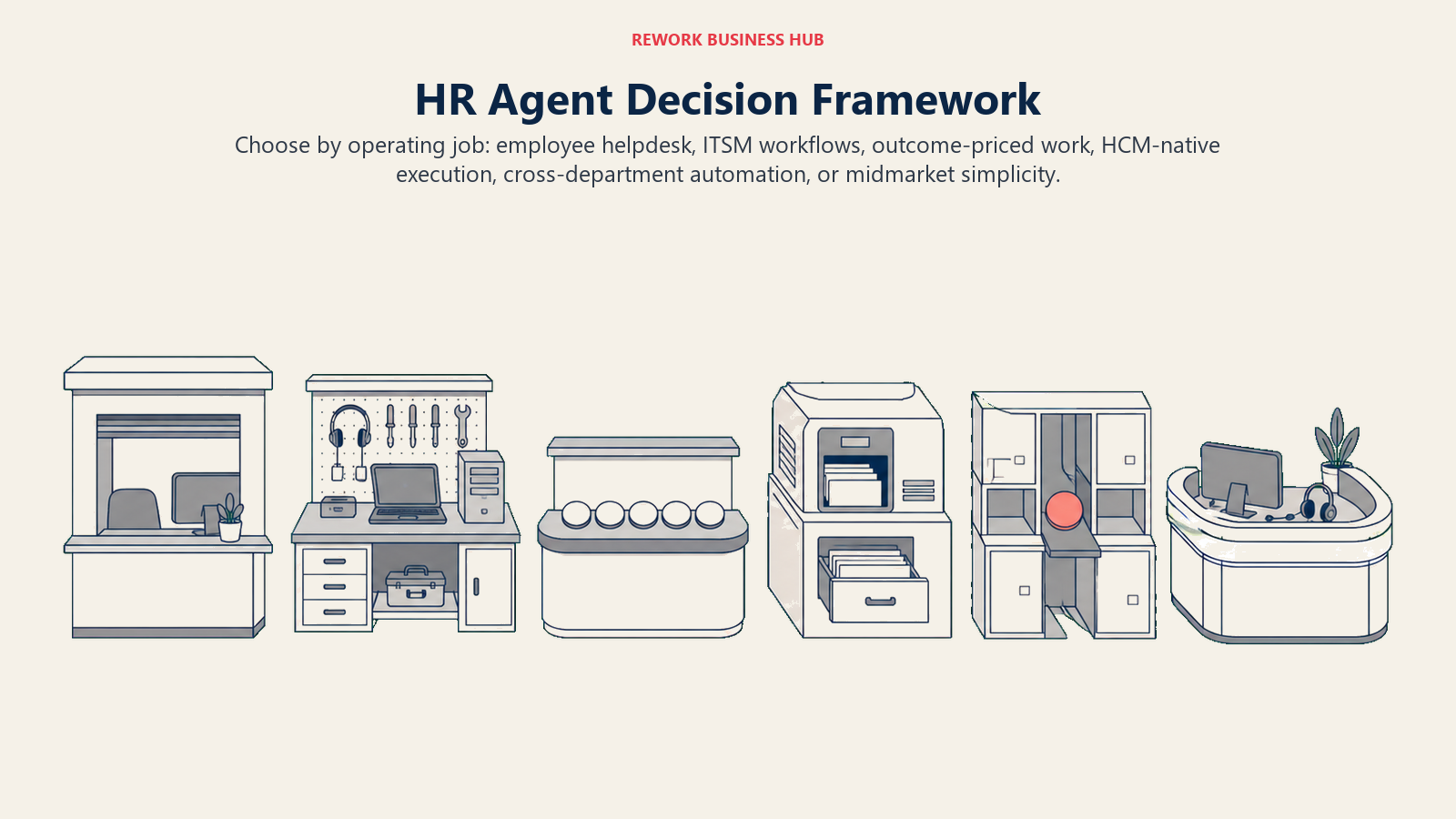HR AI agent decision map for employee helpdesk, IT service management, outcomes pricing, HCM-native work, cross-department automation, and midmarket simplicity