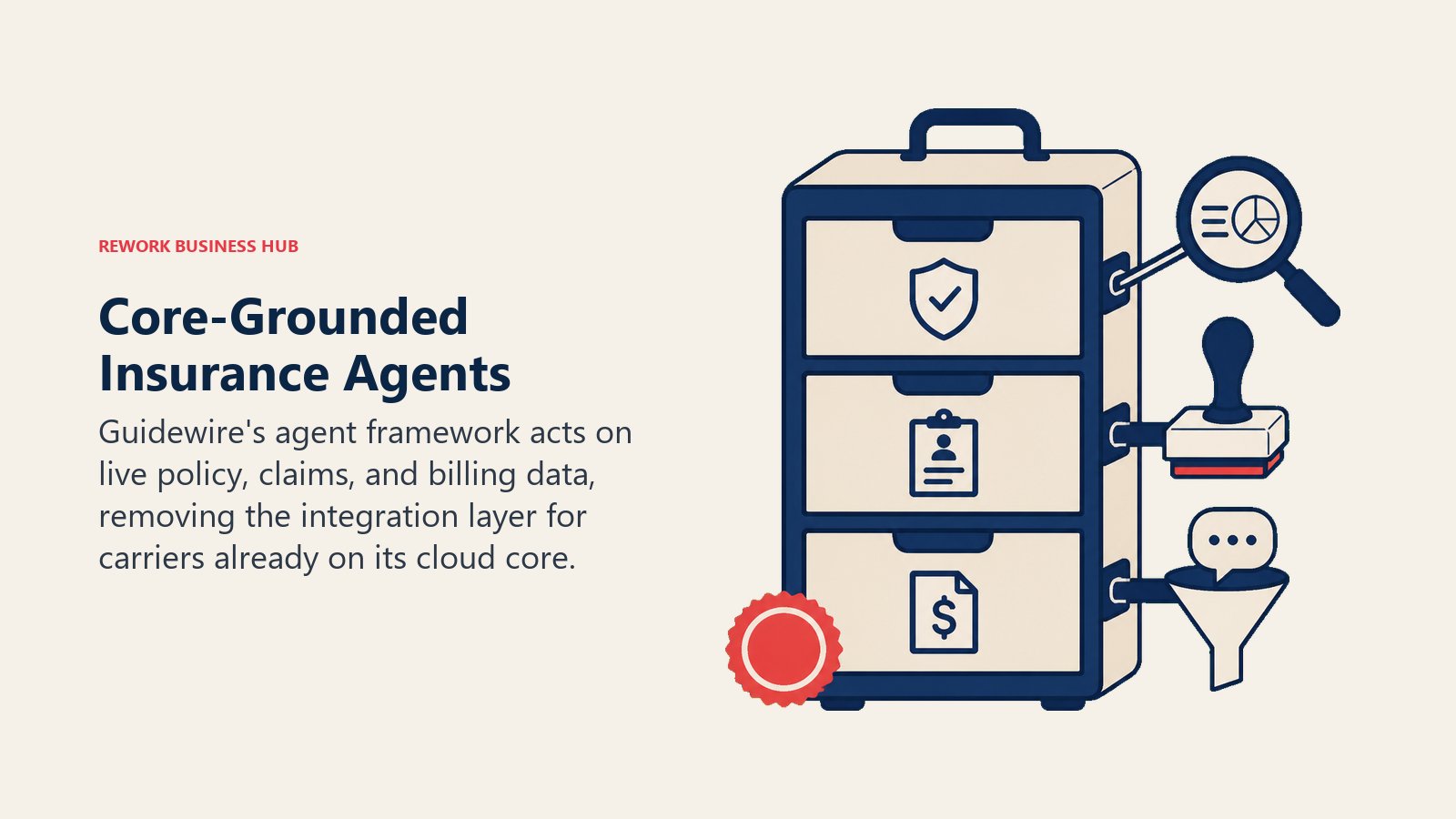 Core-Grounded Insurance Agents shown as three insurance work tools docked to one core cabinet