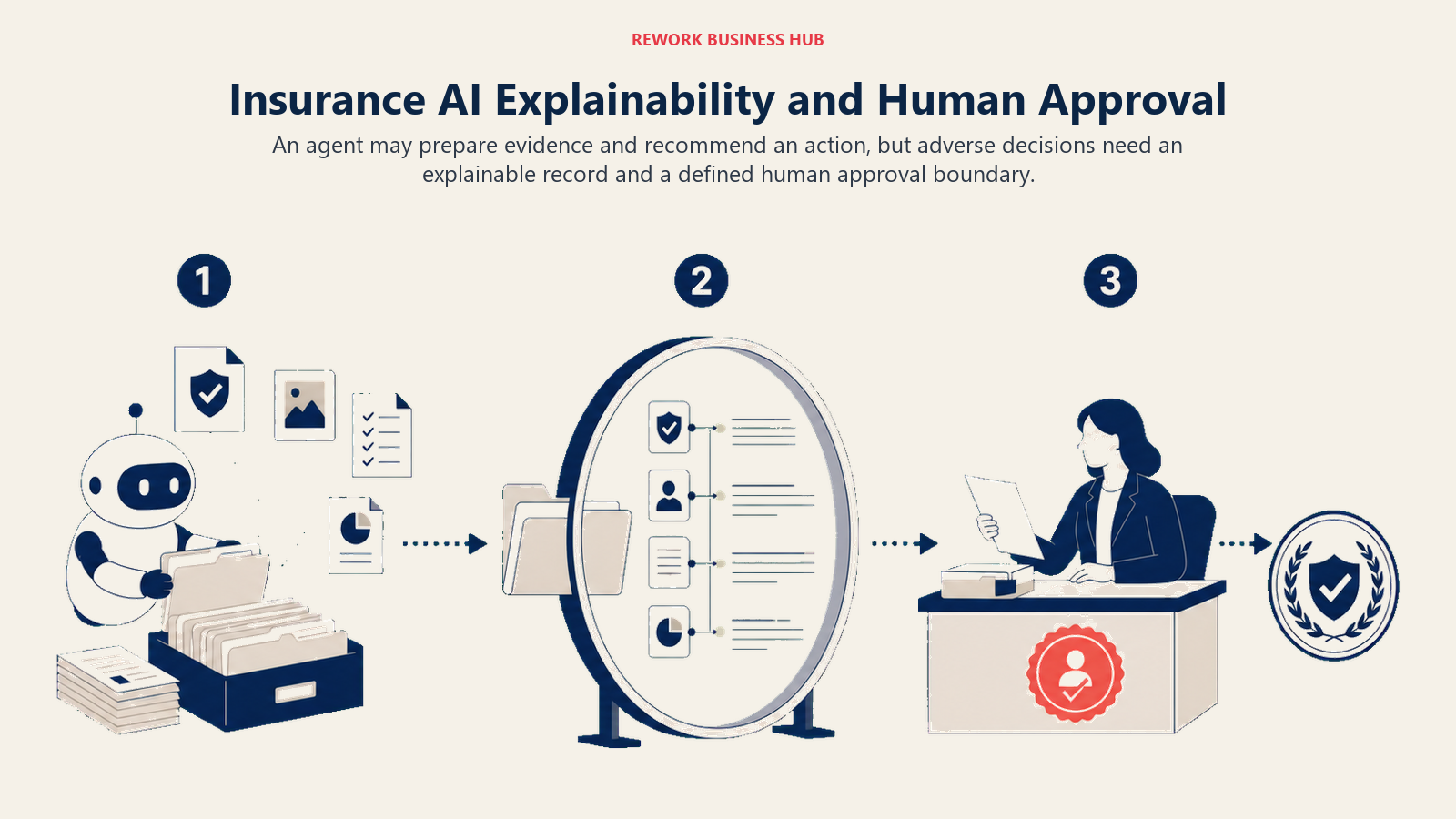 Insurance AI Explainability and Human Approval shown as adverse-decision file through evidence lens and human seal