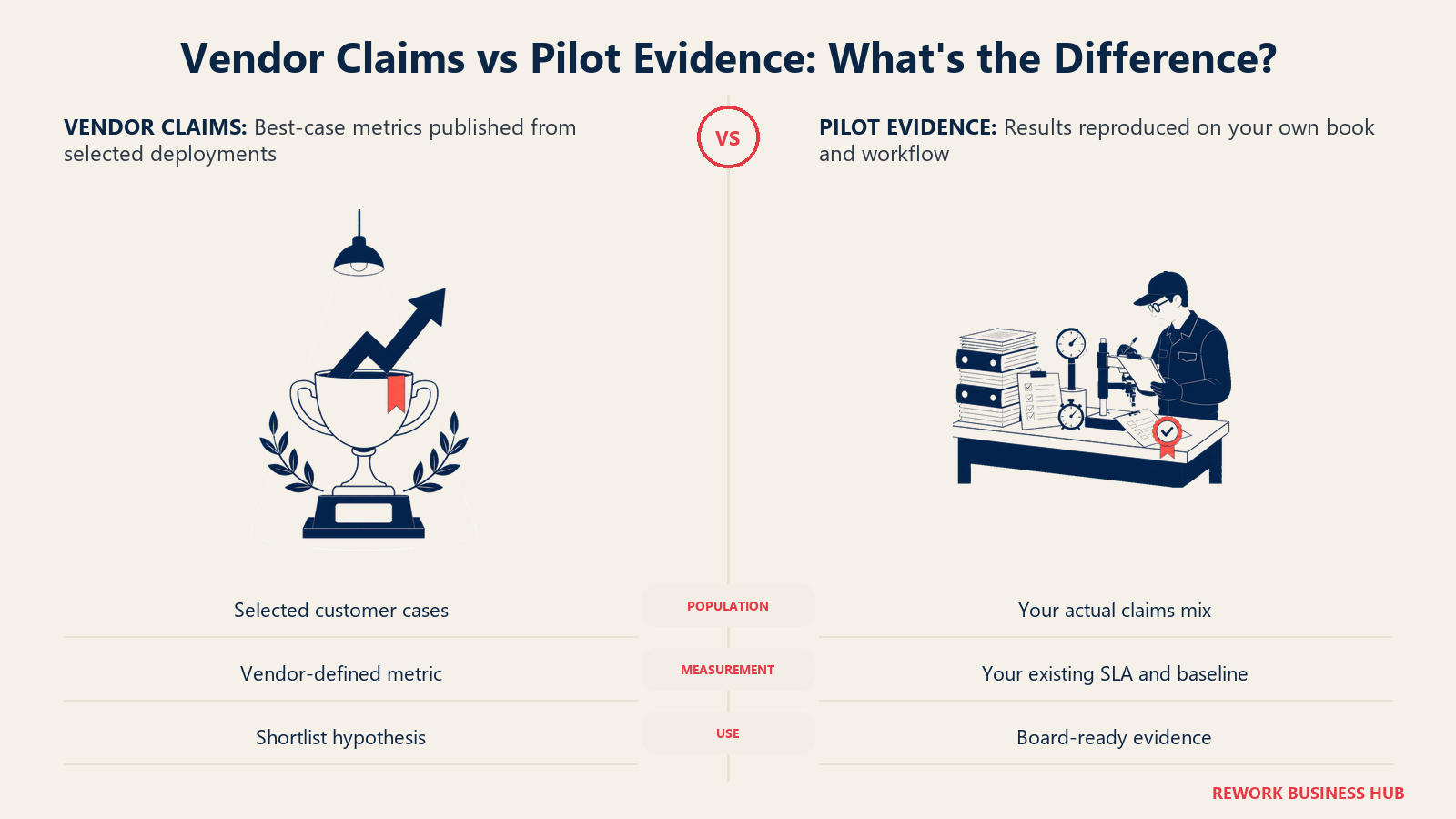Vendor Claims vs Pilot Evidence: What's the Difference? shown as polished trophy metric and working pilot test bench
