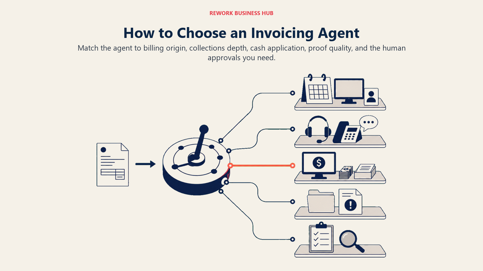 Invoicing agent decision framework routing buyers by billing, collections, cash application, and proof