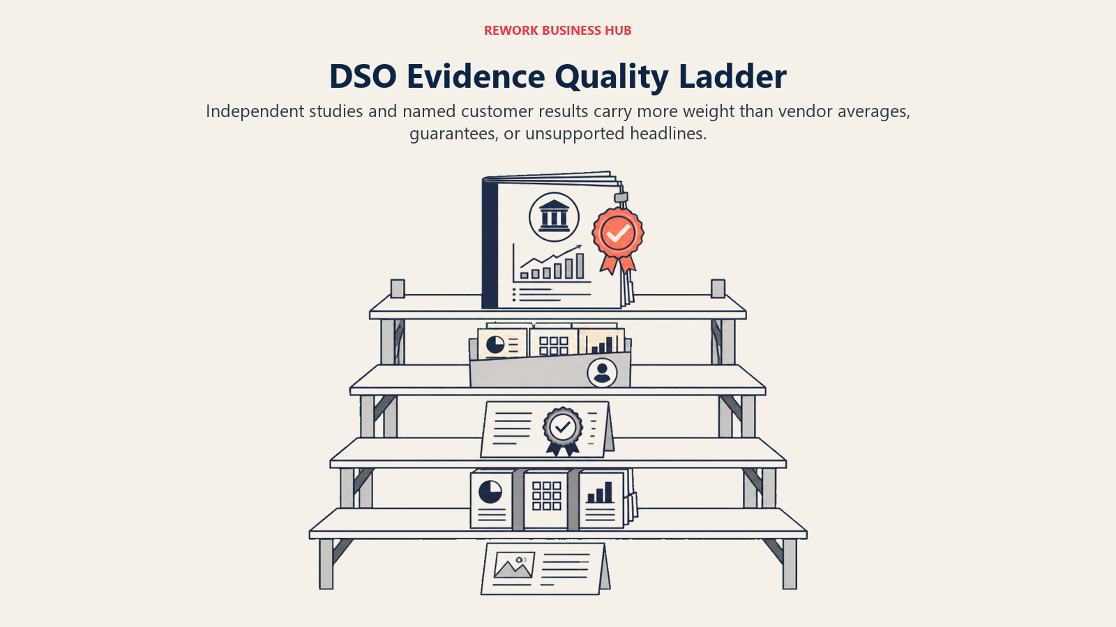 DSO evidence quality ladder rising from unsupported claims to independent studies