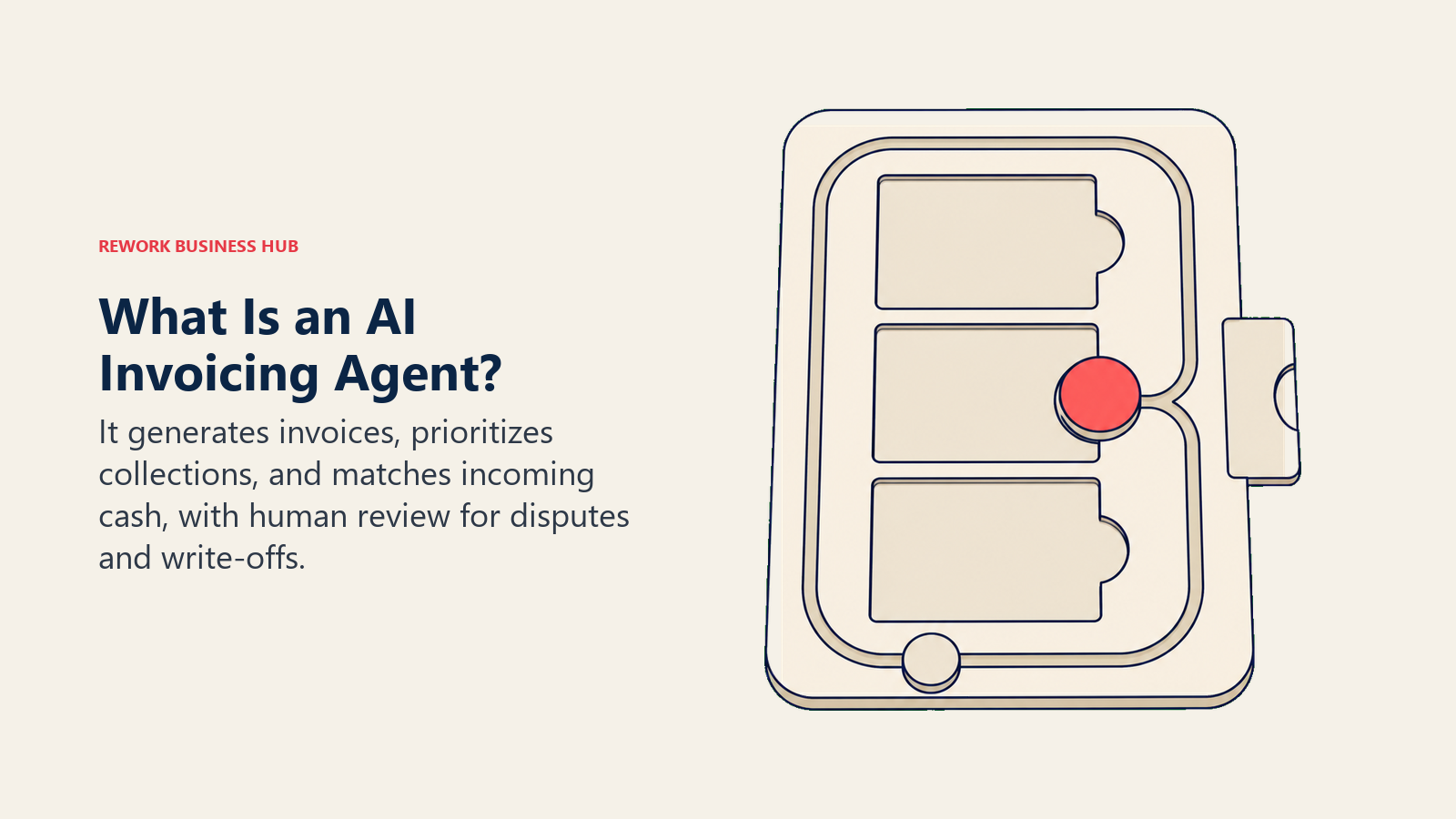 AI invoicing agent shown as a payment token returning through an open receivables ledger to its matching invoice