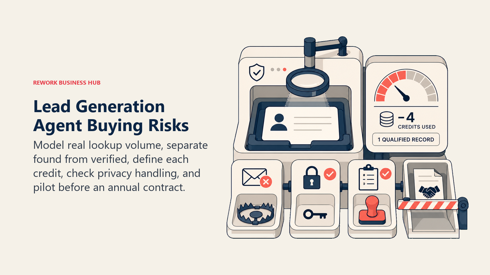 Lead generation agent buying risks visual showing credit cost, email verification, privacy handling, and pilot checks
