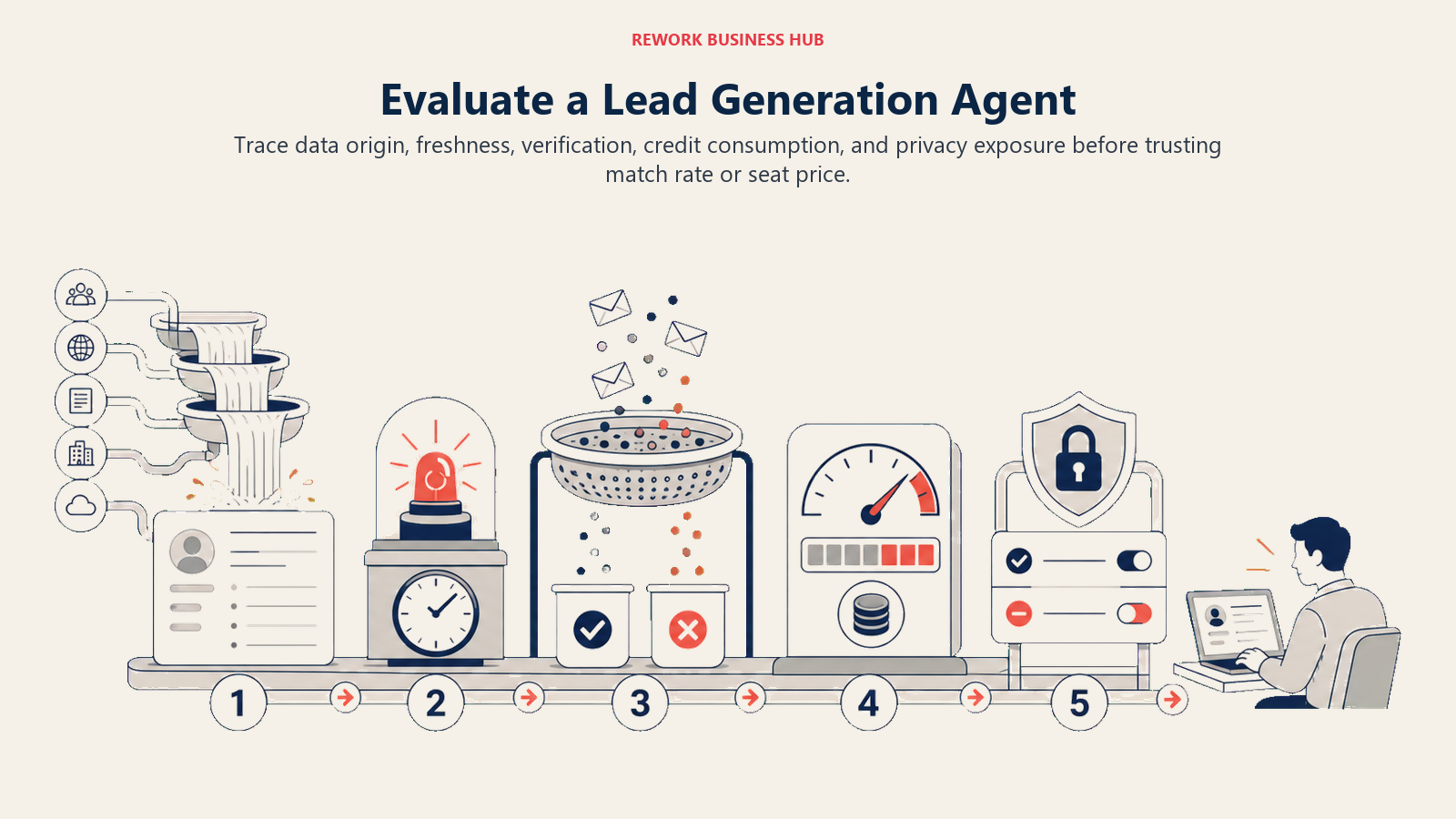 Lead generation agent evaluation visual showing data source, freshness signal, email verification, credit cost, and privacy compliance checks