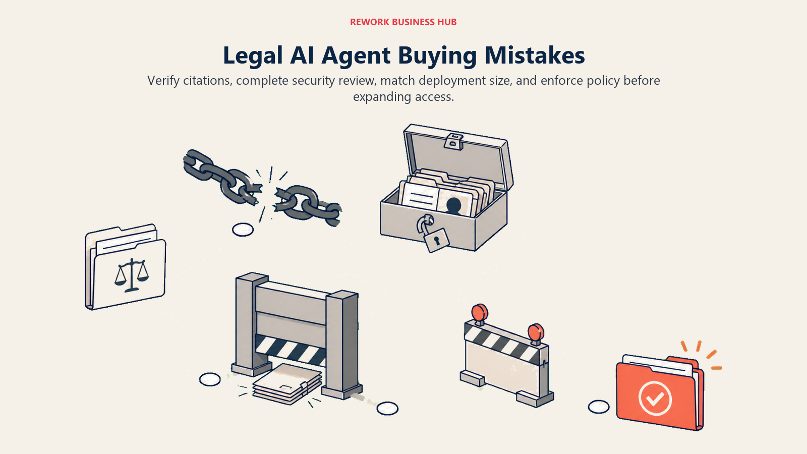 Legal AI buying mistakes shown as a case file navigating citation, security, scale, and policy hazards