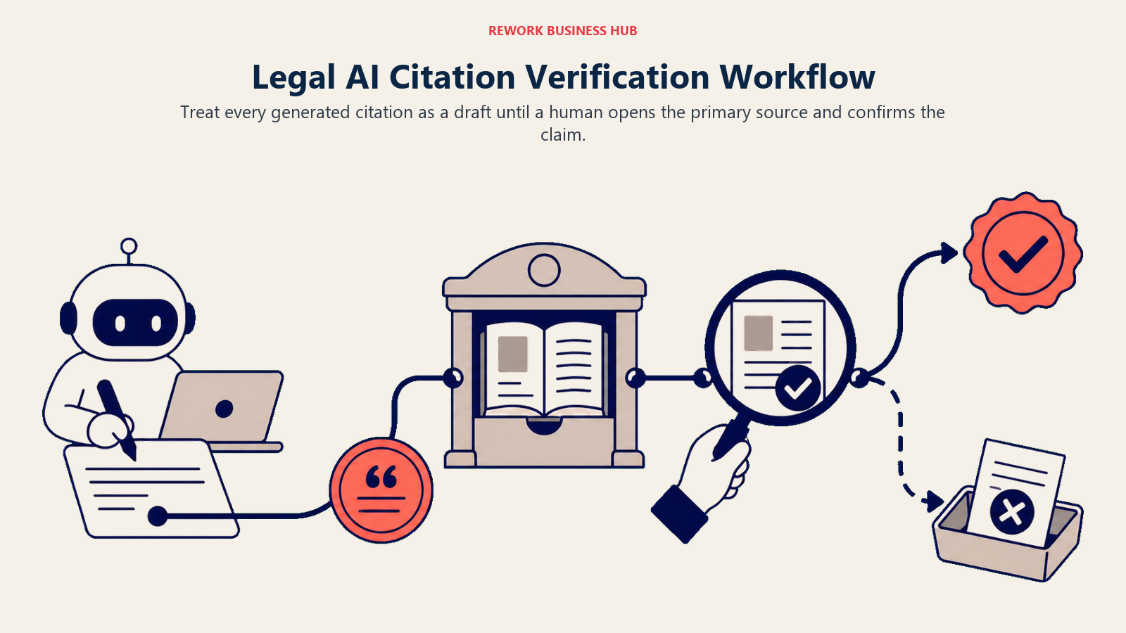 Legal AI citation verification workflow shown as a citation tether passing through source retrieval, claim matching, and human approval
