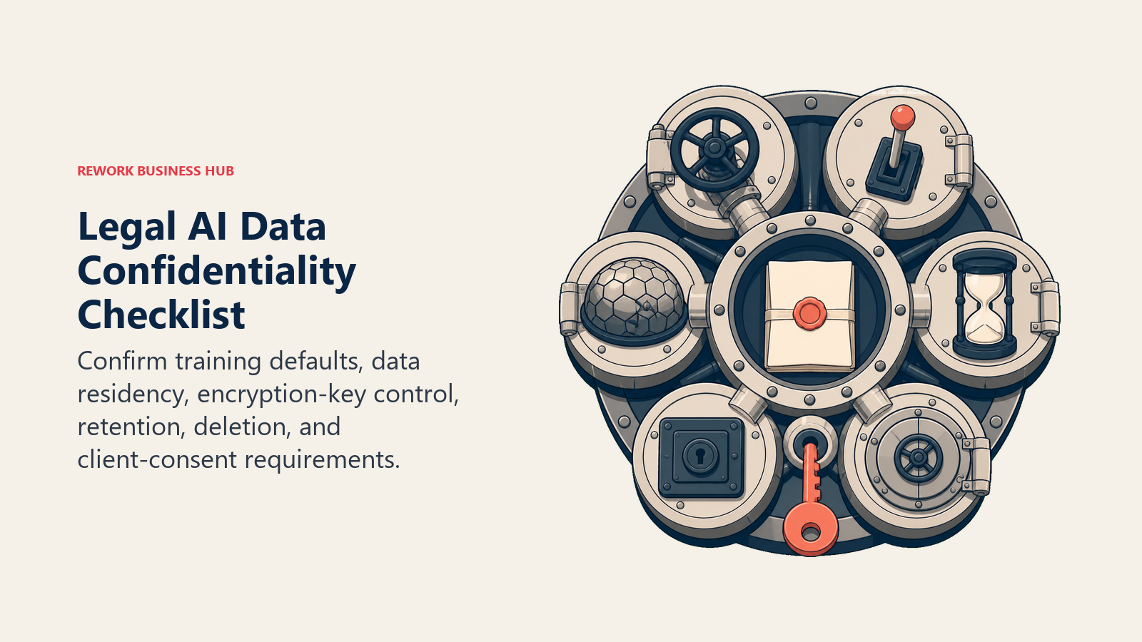 Legal AI data confidentiality checklist represented by a six-chamber matter-data vault with a customer-controlled key