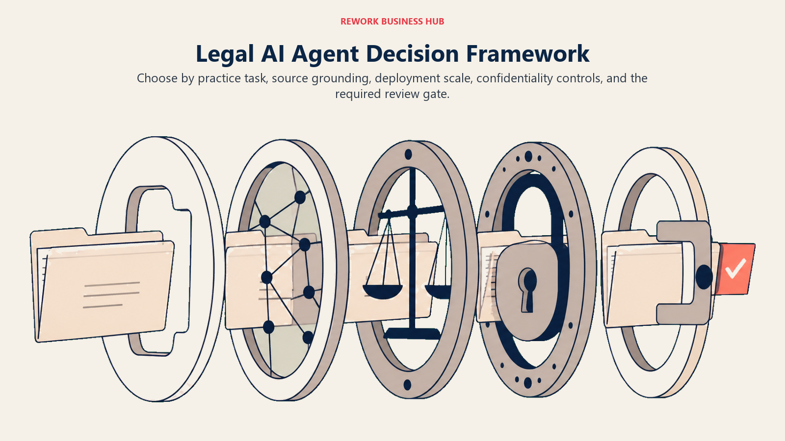 Legal AI agent decision framework shown as a case file passing through task, grounding, scale, confidentiality, and review filters