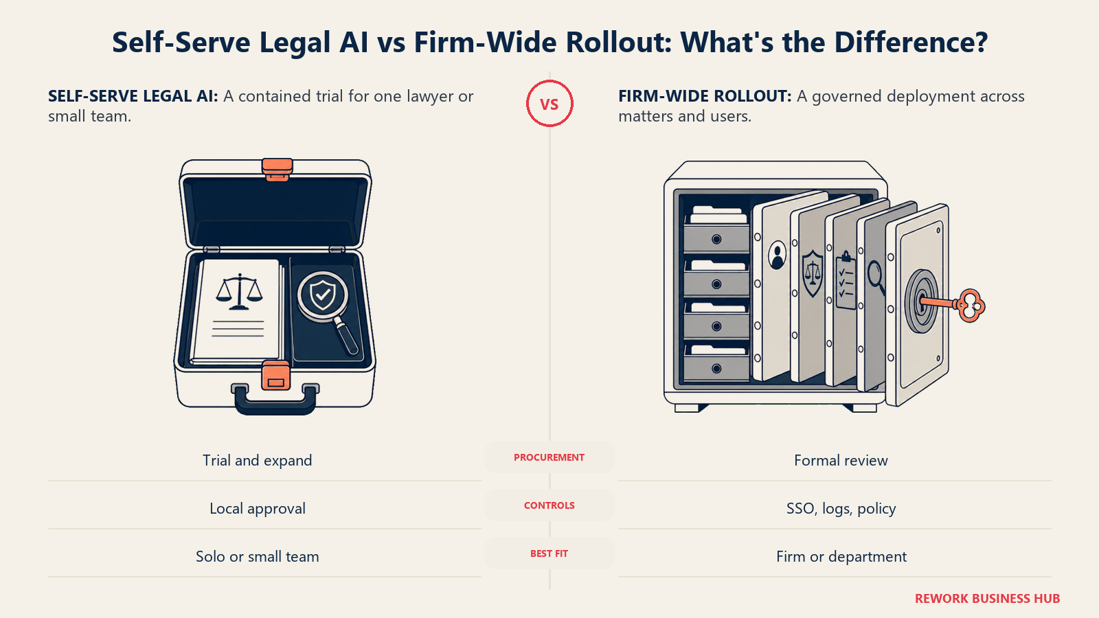 Self-serve legal AI and firm-wide rollout compared as a compact trial case beside a multi-control governance vault