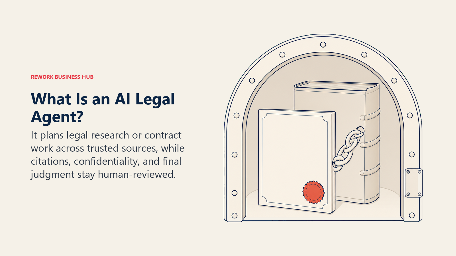 AI legal agent shown as a legal brief tethered to a primary source inside a confidentiality vault