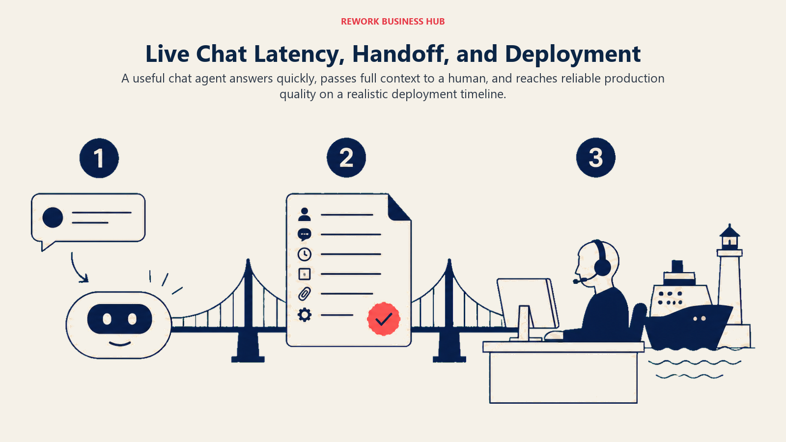 Live Chat Latency, Handoff, and Deployment shown as three-stage conversation relay