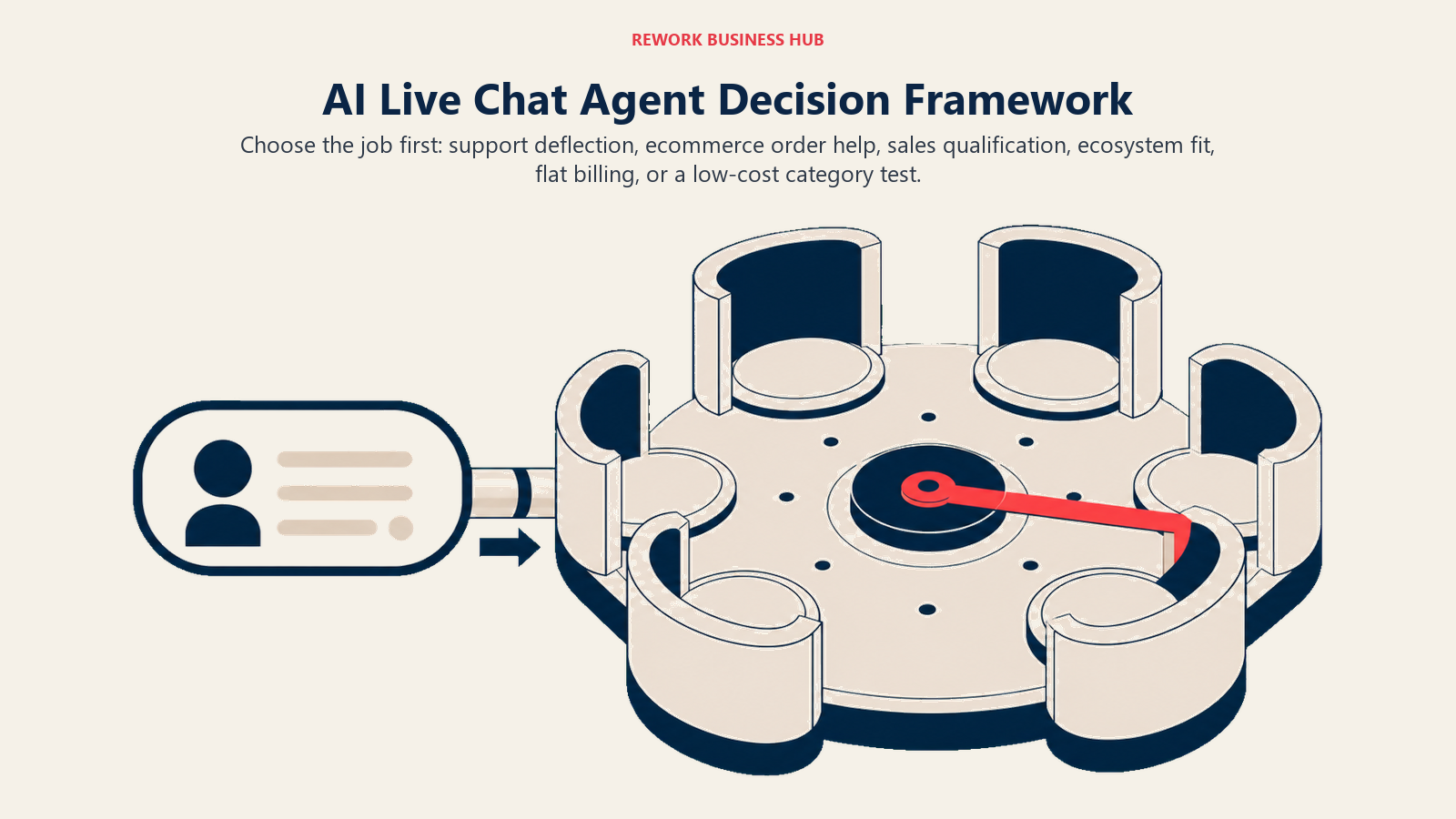 AI Live Chat Agent Decision Framework shown as incoming conversation routed to six service bays