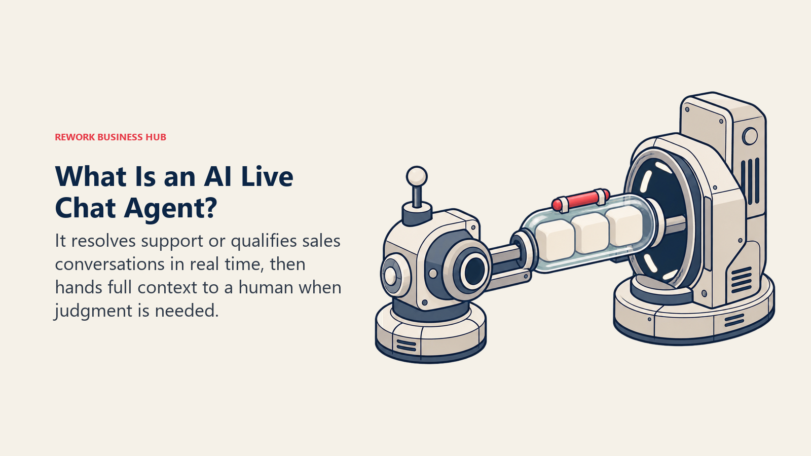 AI live chat agent shown as a context capsule crossing a relay bridge to human review without losing the conversation payload