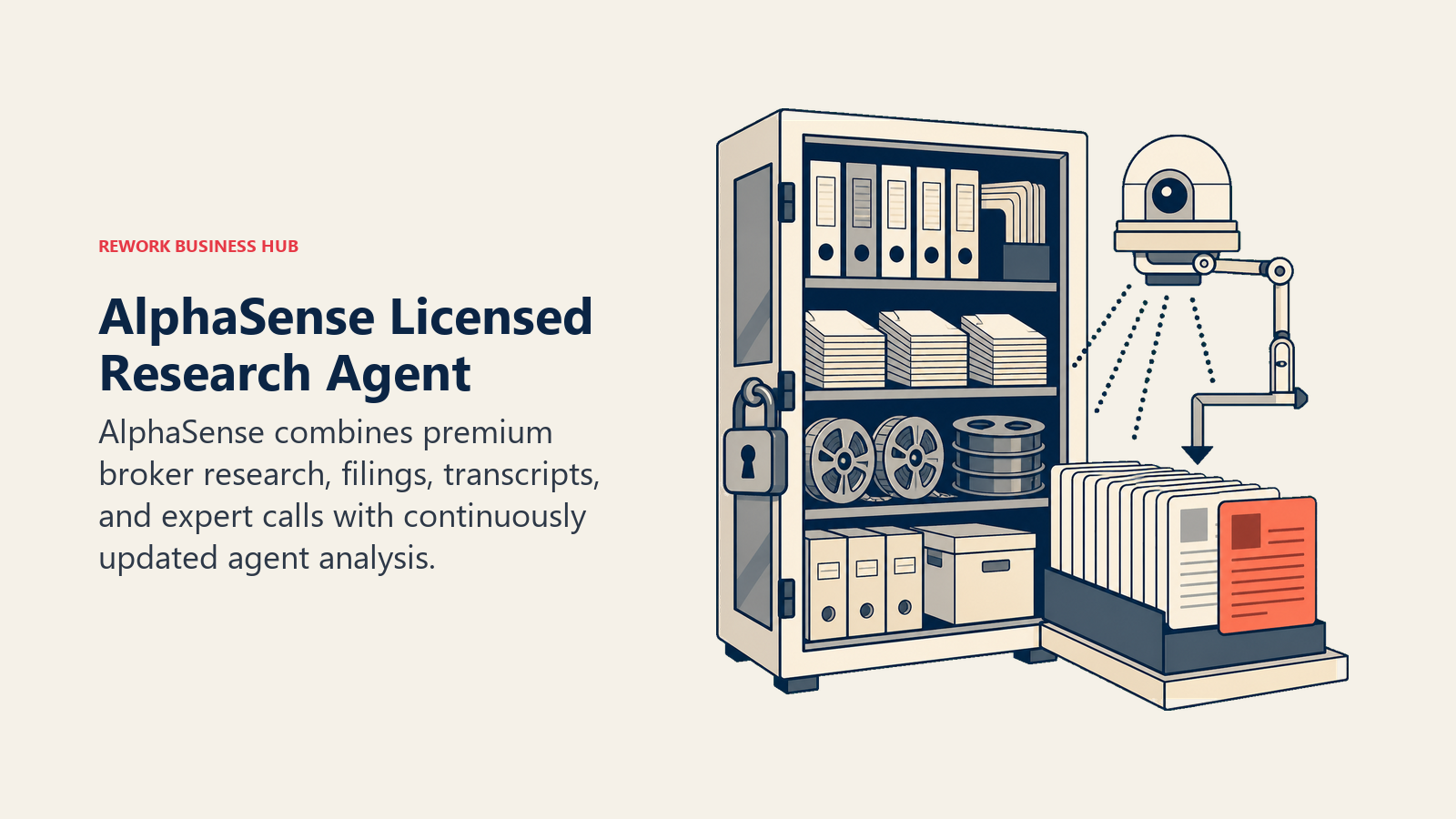 AlphaSense licensed research agent shown as a secured archive feeding an always-on market observatory