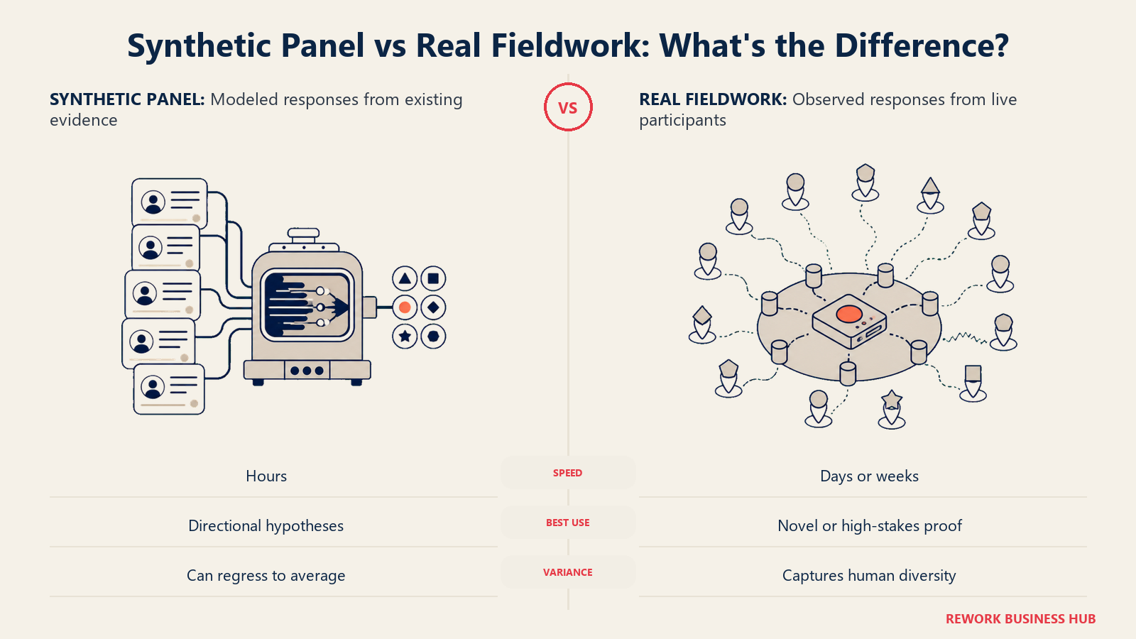 Synthetic panel versus real fieldwork comparison showing rapid modeled responses and diverse observed participants