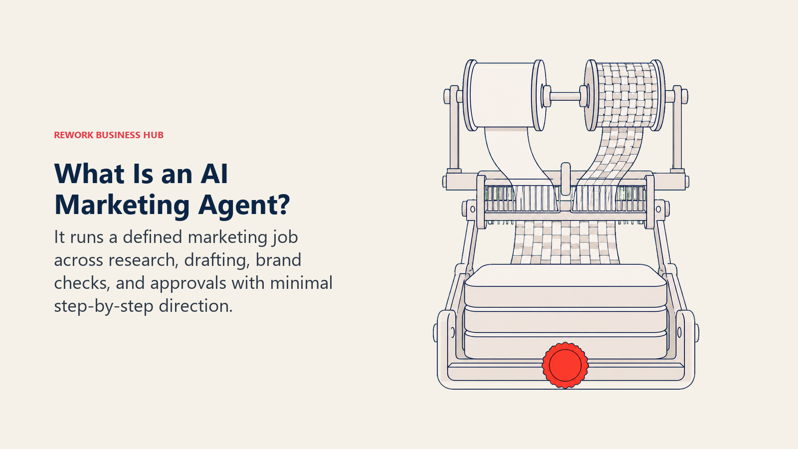 AI marketing agent shown as a governed brand loom weaving approved facts and brand identity into channel-ready work