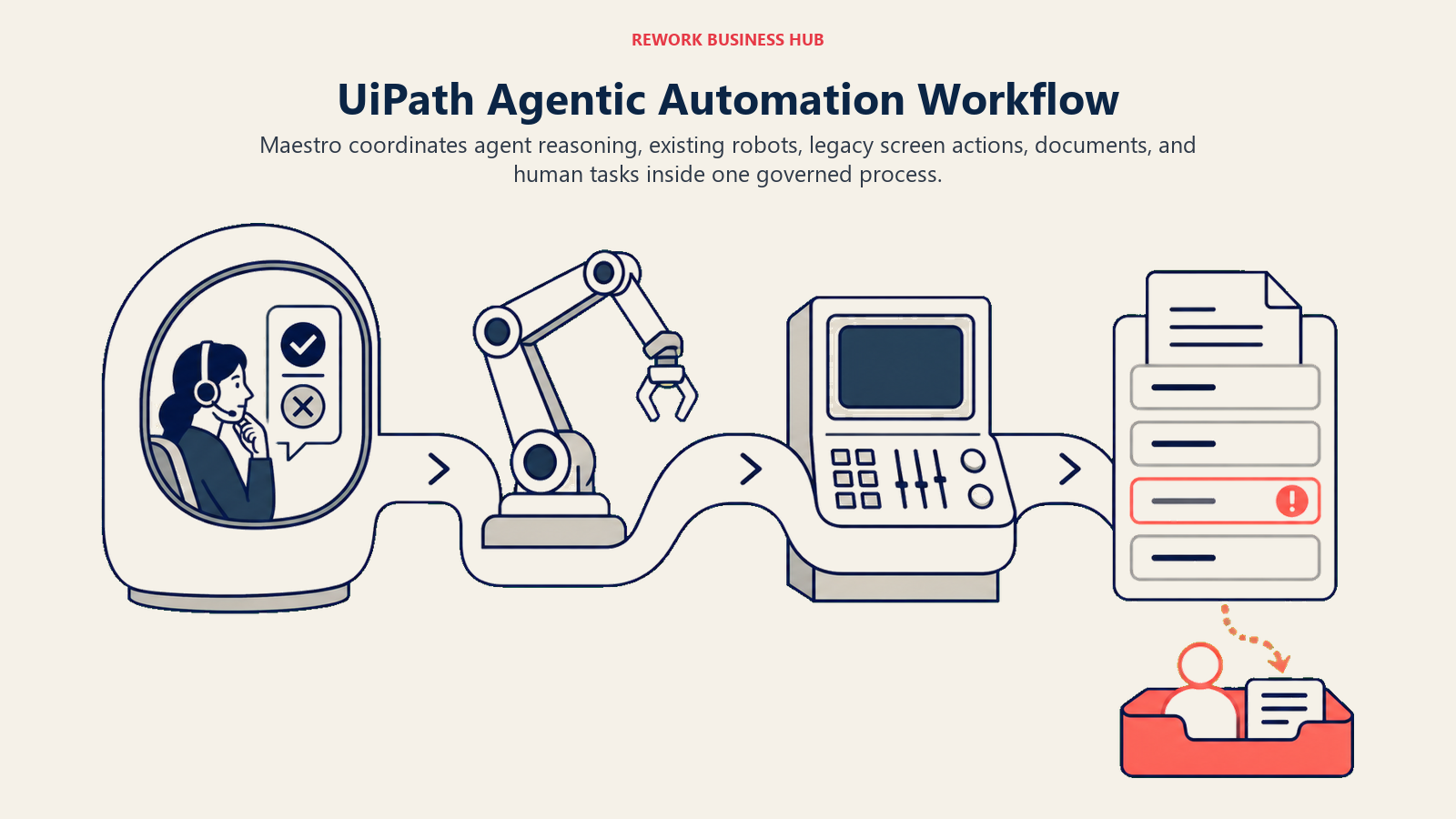 UiPath agentic automation workflow connecting agent reasoning, robots, legacy screens, documents, and human review