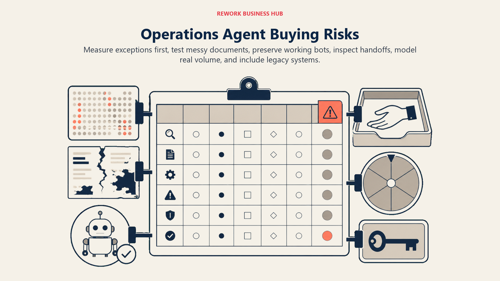 Operations agent buying risks shown as an audit table checking exceptions, messy documents, handoffs, volume, and legacy systems