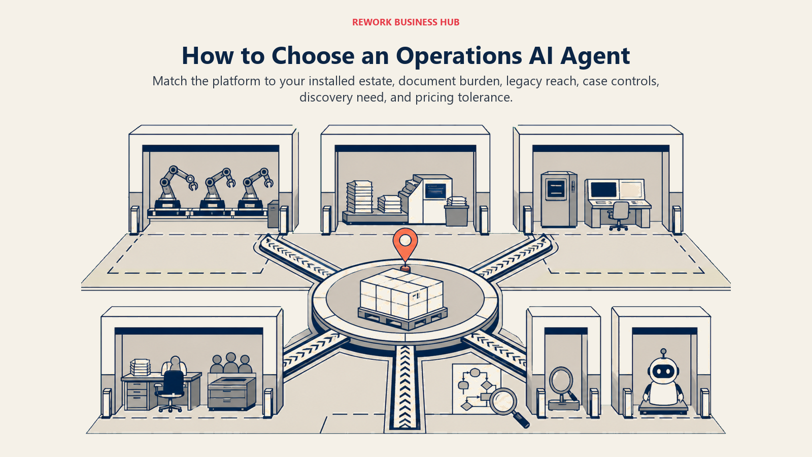 Operations AI agent decision framework shown as choices for RPA estate, documents, legacy systems, cases, discovery, and cost