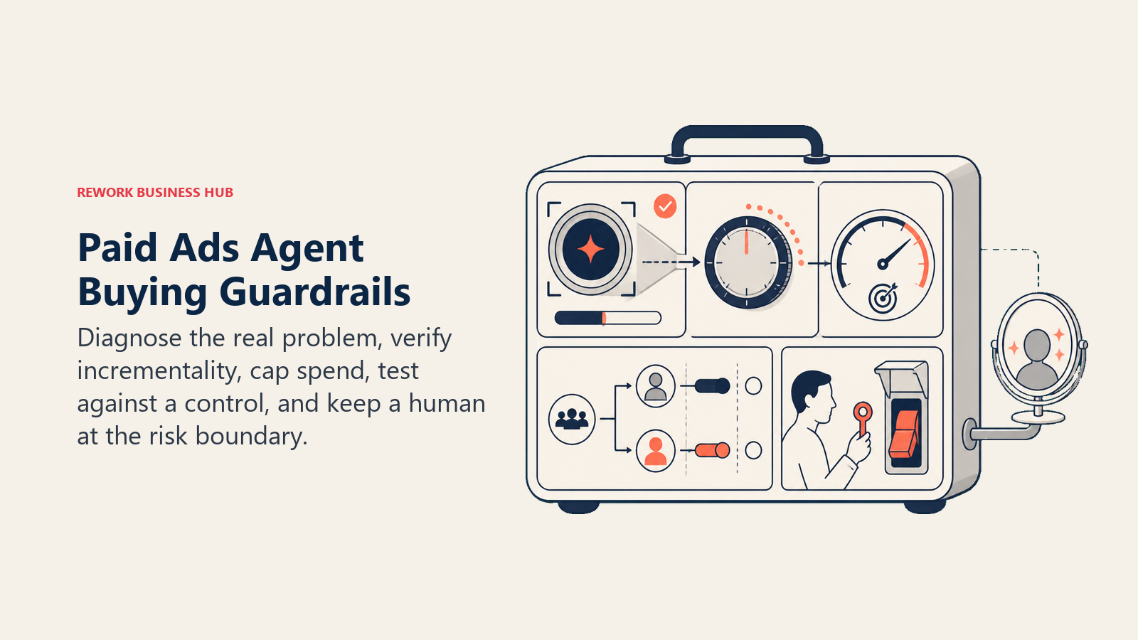 Paid ads agent buying guardrails visual showing creative diagnosis, incrementality test, budget cap, control group, and human review