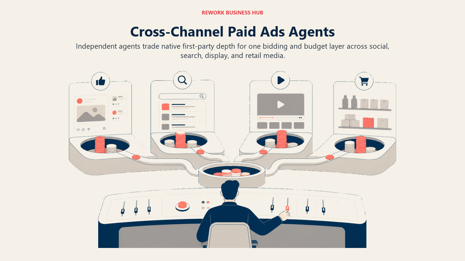 Cross-channel paid ads agent visual showing one budget layer allocating across social, search, display, and retail media auctions