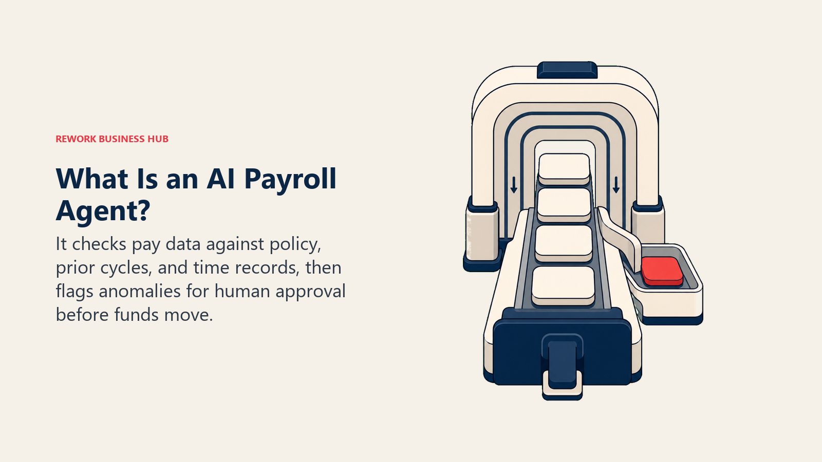 AI payroll agent inspection checkpoint flagging an anomaly before a human approval latch