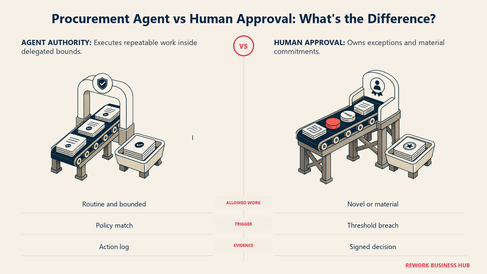 Procurement agent and human approval compared as a routine purchase-order conveyor beside an exception checkpoint