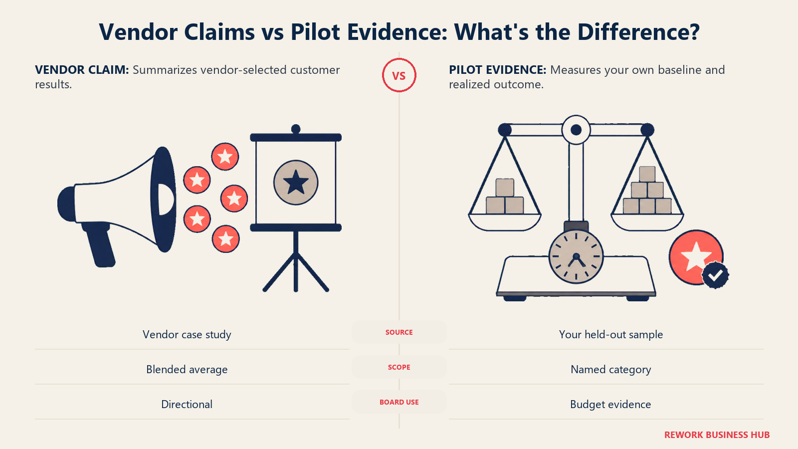 Vendor claims and pilot evidence compared as a polished claim megaphone beside a calibrated sample scale