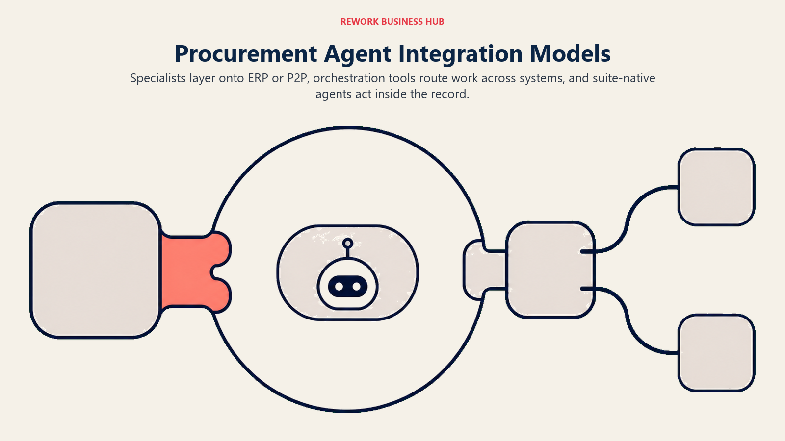 Procurement agent integration models shown as add-on, orchestration, and native docks around a system-of-record core