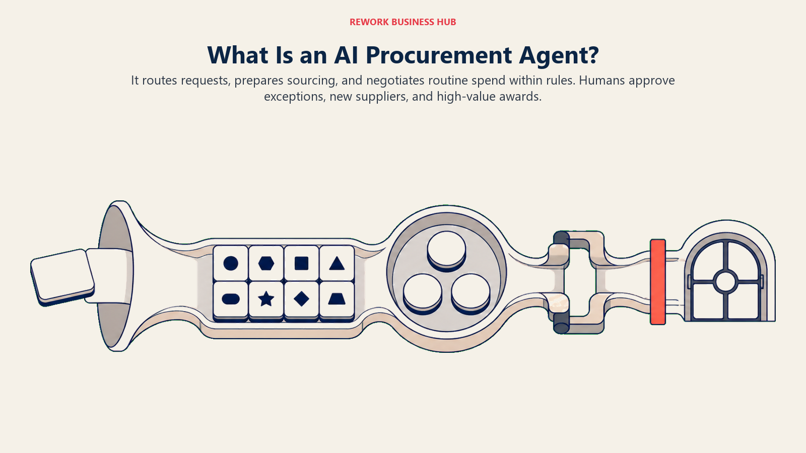 AI procurement agent route moving a request through sourcing and bounded negotiation to a human award gate