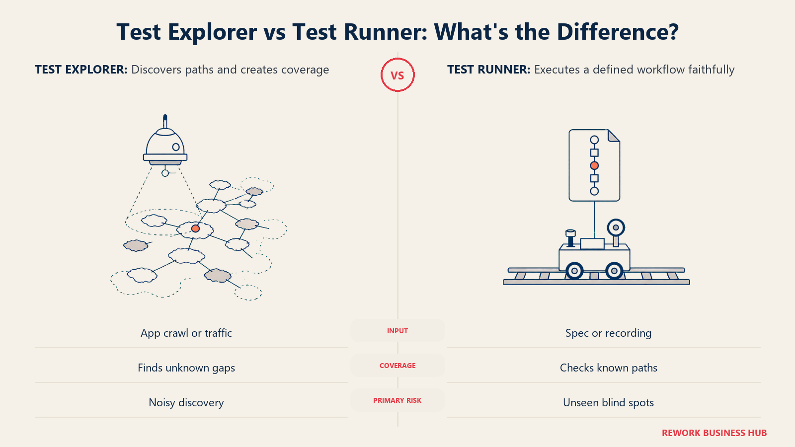 Test explorer versus test runner comparison with autonomous app mapping and defined path execution