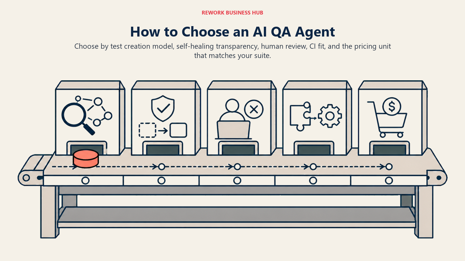 AI QA agent decision framework routing teams by test creation, healing, review, CI, and pricing