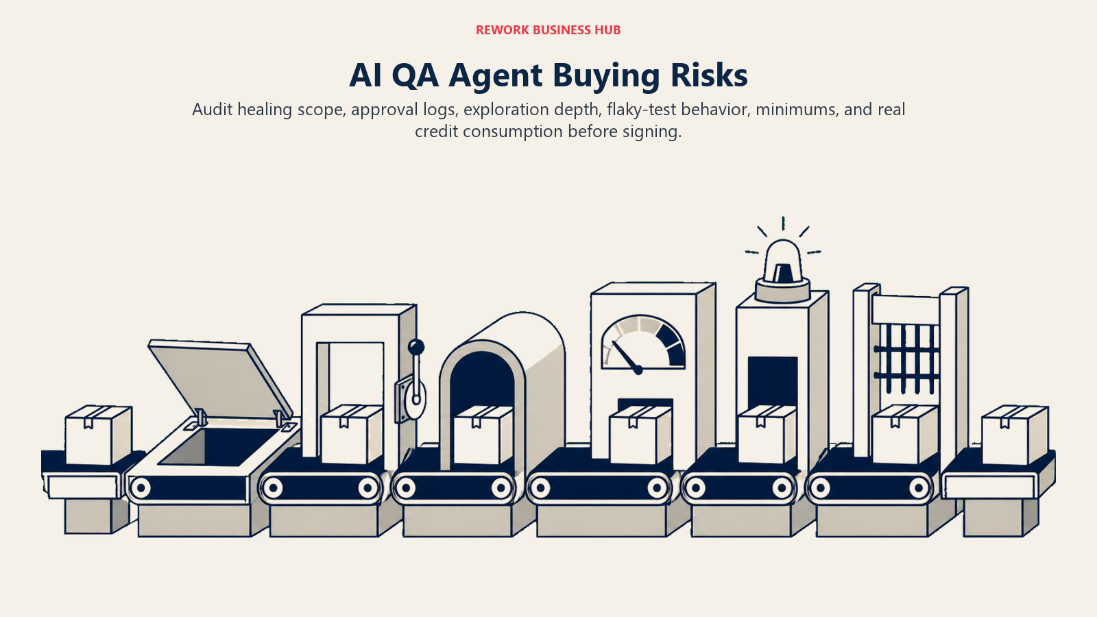 AI QA agent buying risks shown as a release conveyor passing hidden healing, credit, and flakiness traps