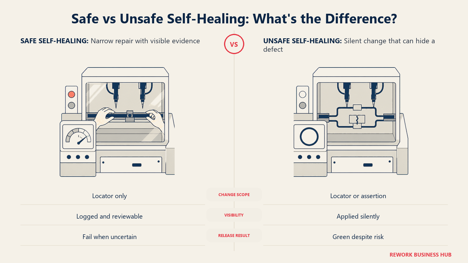Safe versus unsafe test self-healing comparison with reviewed locator repair and hidden assertion change