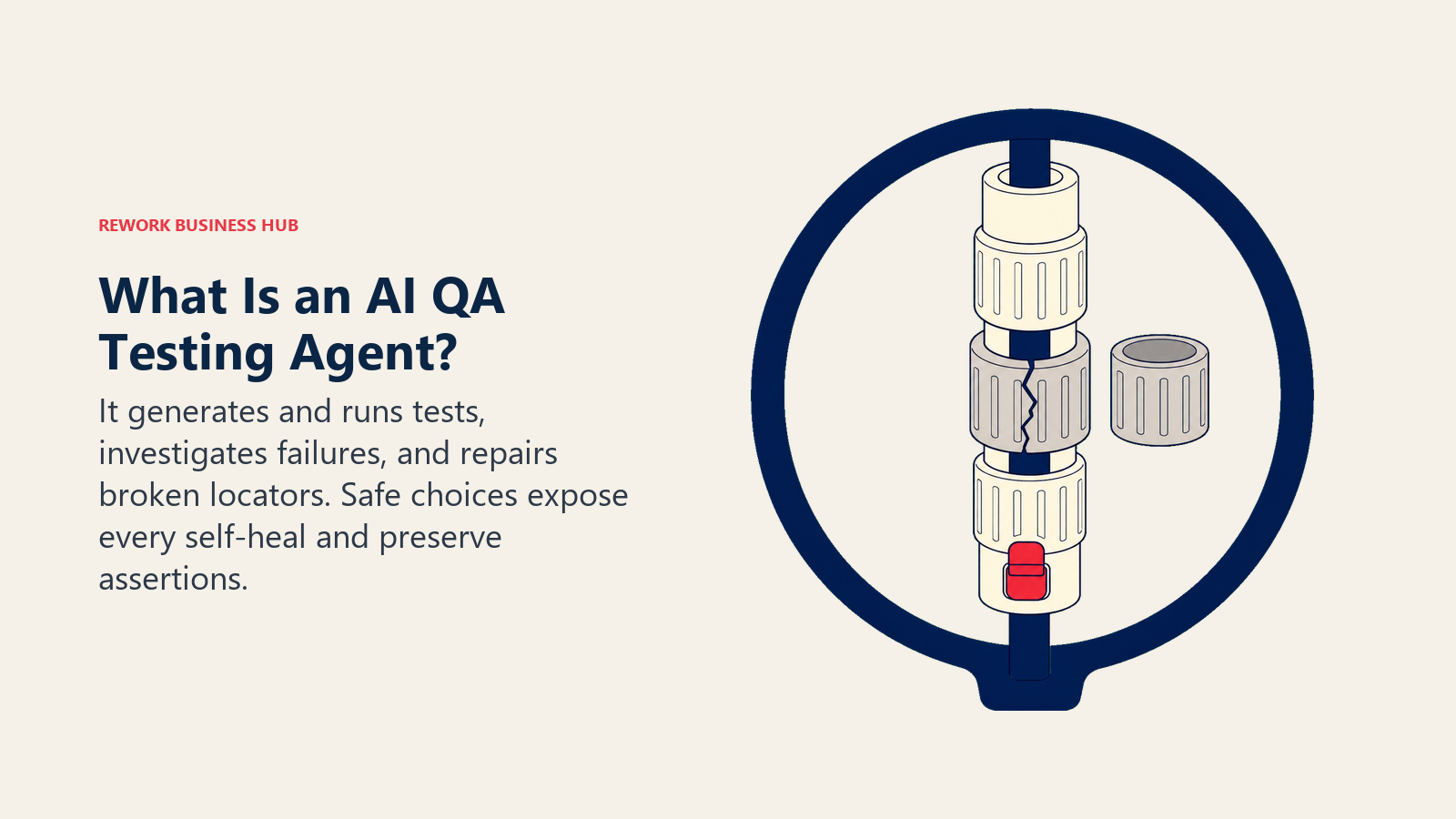 AI QA testing agent inspection lens revealing a broken locator sleeve while preserving the test assertion core