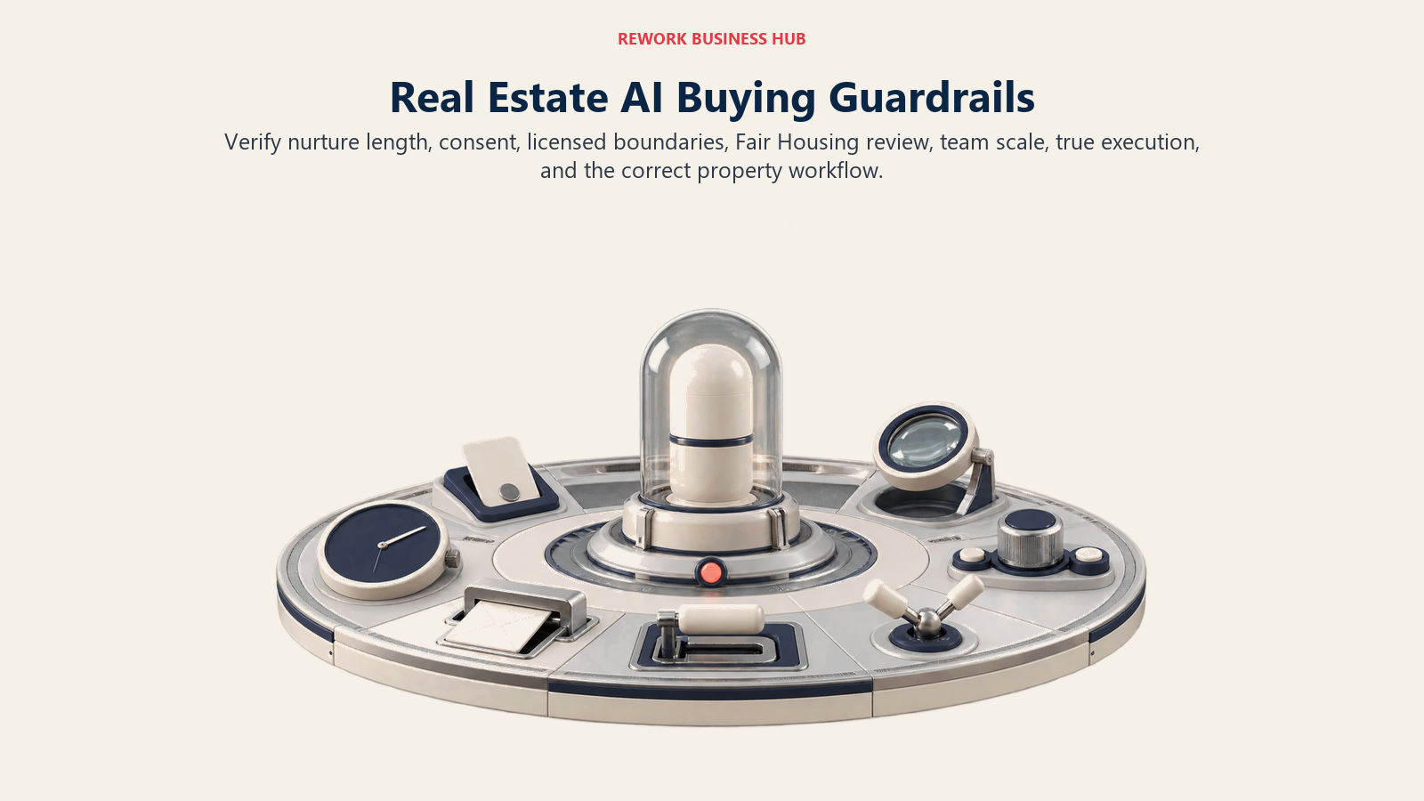 Real estate AI buying guardrails covering nurture length, consent, licensing, Fair Housing, scale, CRM execution, and property type