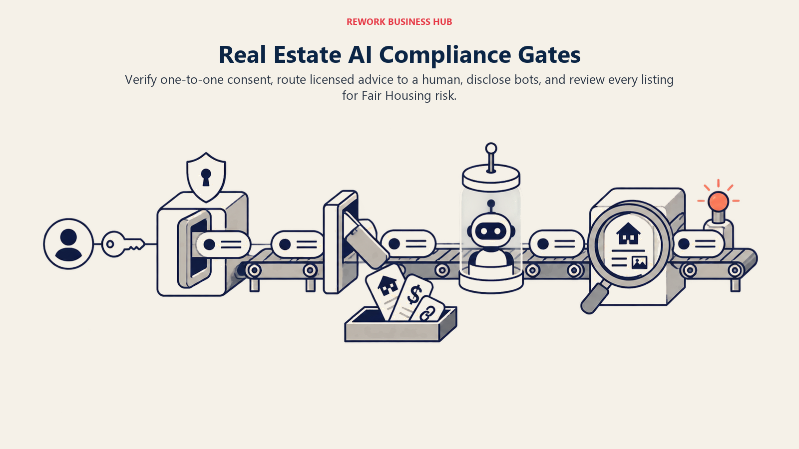 Real estate AI agent compliance gates for consent, licensed-practice handoff, bot disclosure, and Fair Housing review