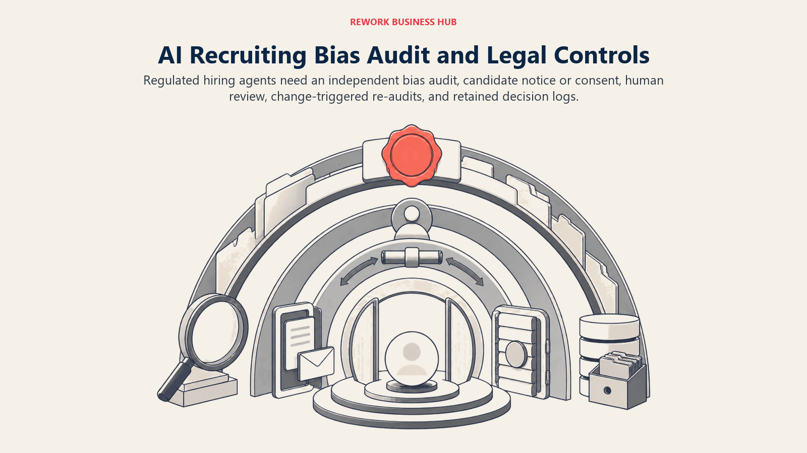 AI recruiting compliance architecture combining an independent bias audit, candidate notice, consent, human review, model-change re-audit, and retained decision logs