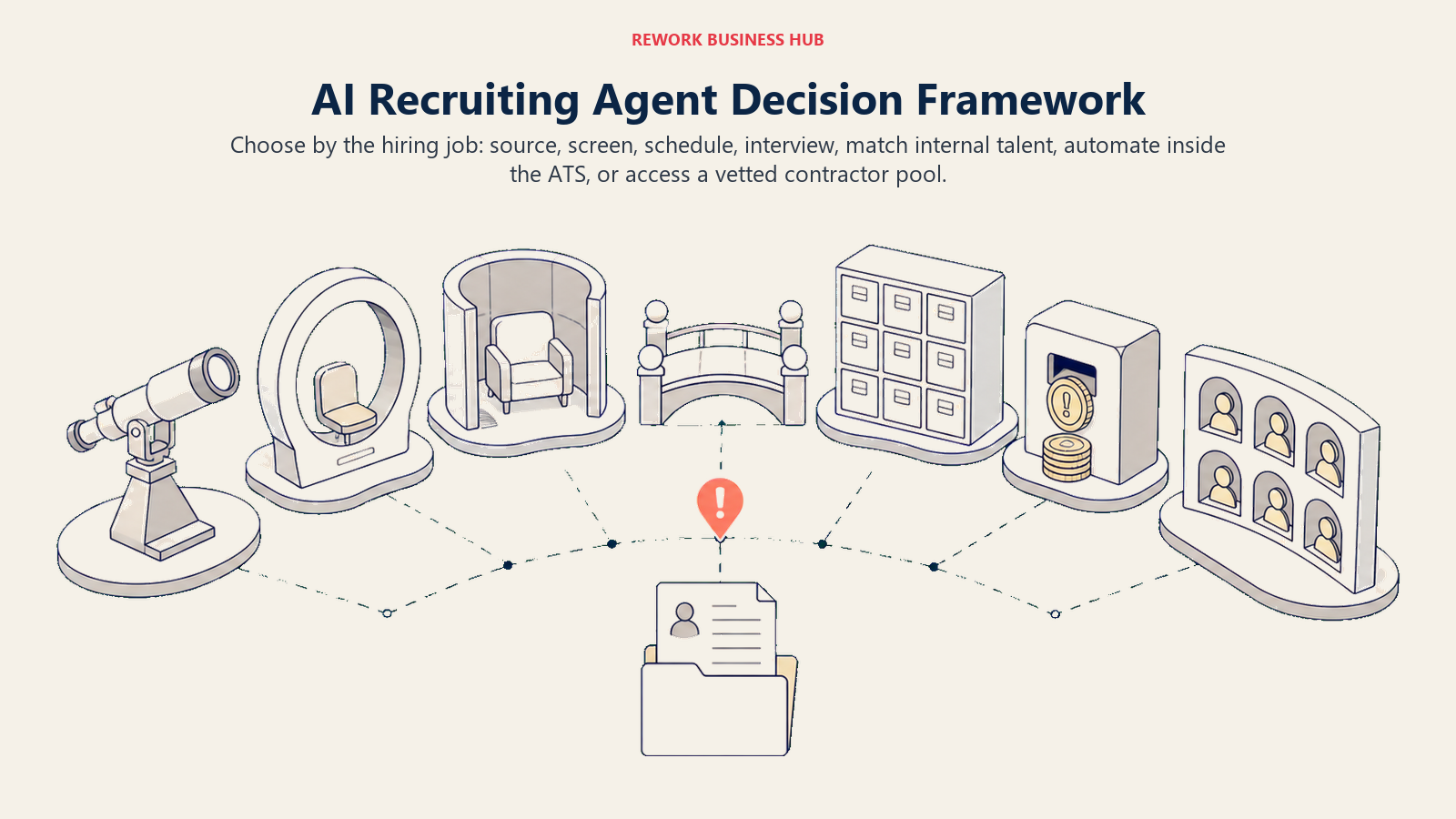 AI recruiting agent decision theatre matching sourcing, conversational screening, video interviews, talent intelligence, ATS-native automation, pay-per-action work, and contractor marketplaces to different hiring jobs