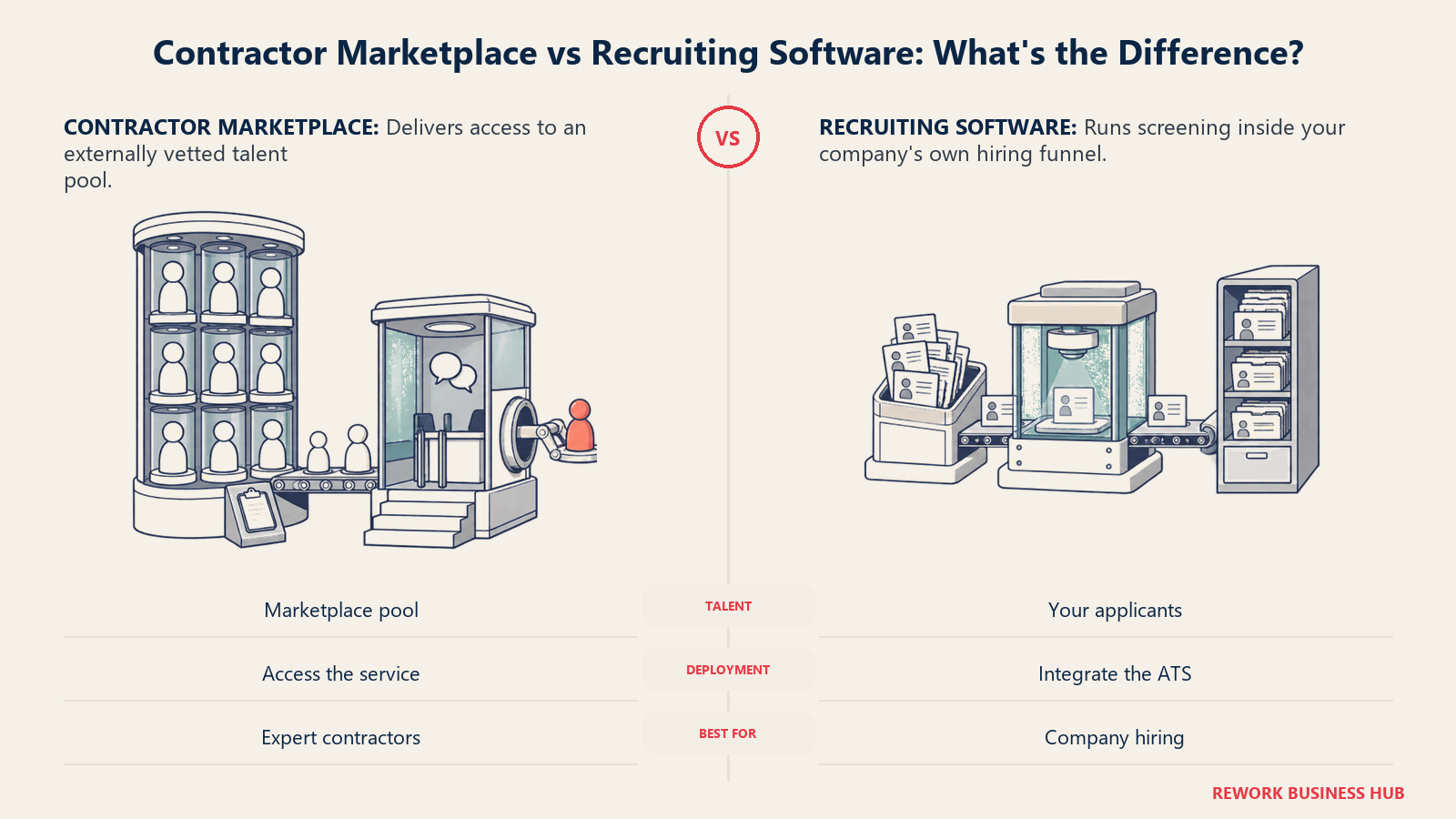 AI-screened contractor marketplace delivering a vetted external pool compared with recruiting funnel software that evaluates applicants inside the company's ATS