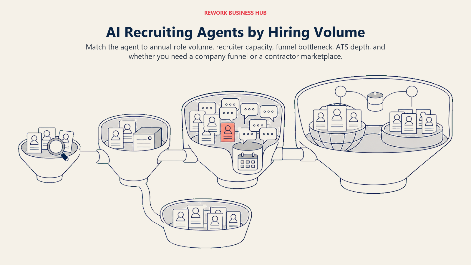 AI recruiting agent stage fit from a thin team handling under 20 roles through high-volume screening, enterprise talent intelligence, and contractor marketplace hiring