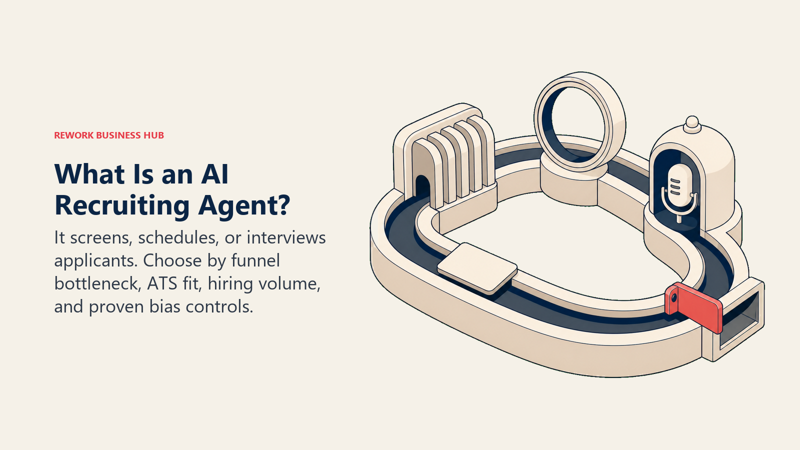 AI recruiting agent relay moving a blank applicant dossier through screening, scheduling, interviewing, and human review