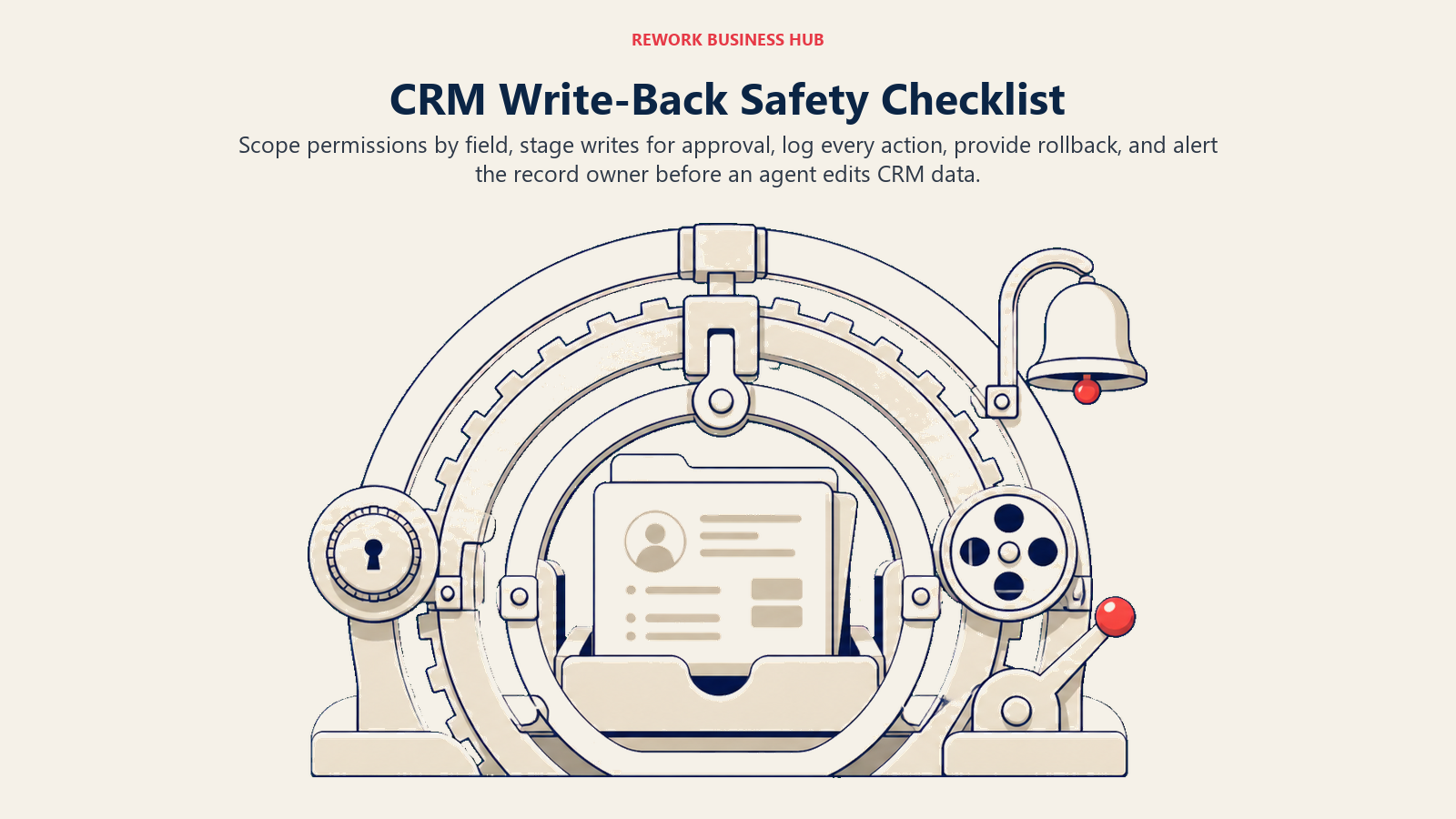 CRM write-back safety checklist with field permissions, approval, audit, rollback, and owner alerts