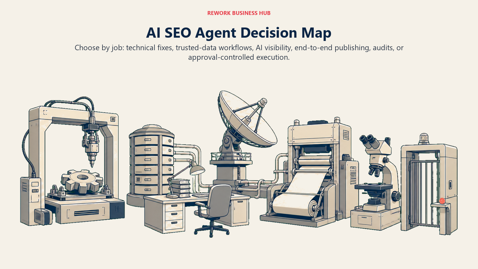 AI SEO agent decision map for technical fixes, trusted data workflows, AI visibility, publishing, audits, and approval controls