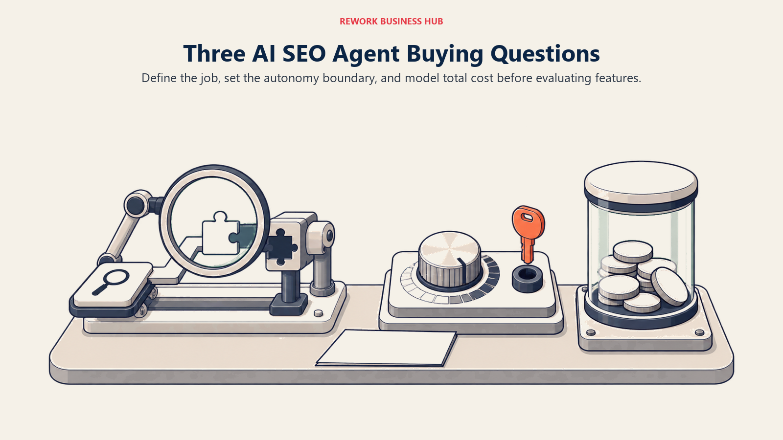 Three AI SEO agent buying questions covering the exact job, acceptable autonomy, and predictable usage cost