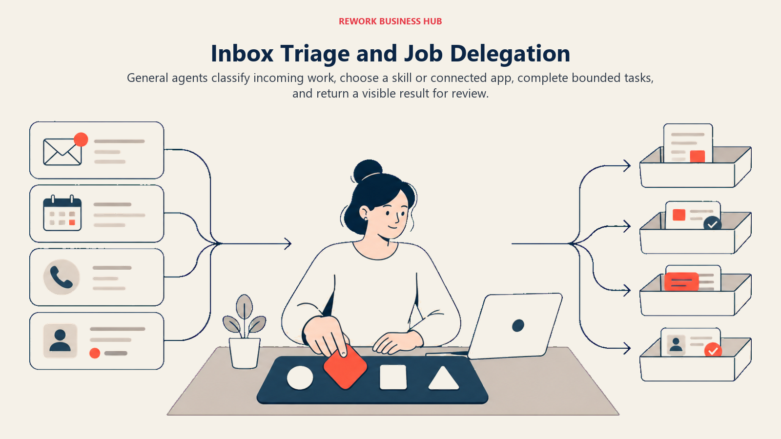 Inbox triage and job delegation visual showing requests routed through agent skills and connected apps into completed work